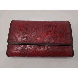 Relic Red Embossed Paisley Design Tri Fold Checkbook Wallet Boho